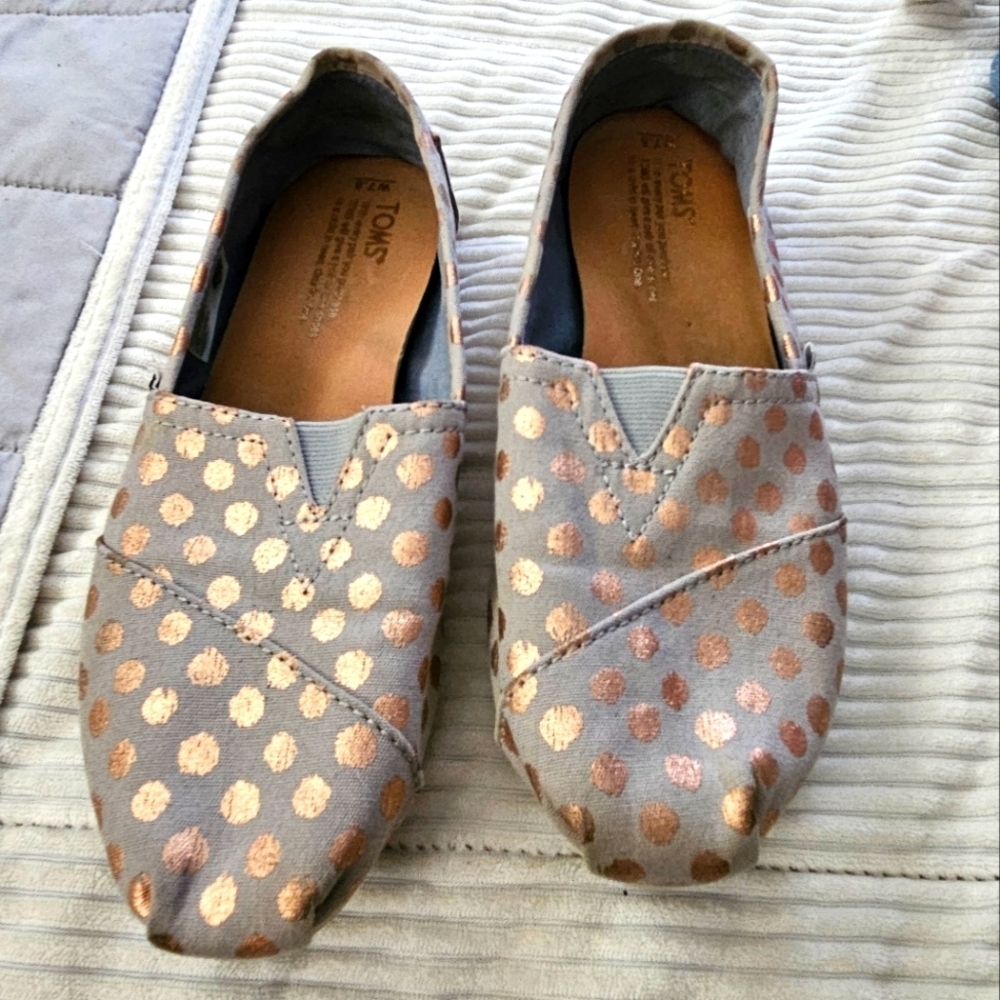 Toms Gray and Gold Polka Dot Flats